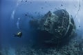 Divers exploring a shipwreck Royalty Free Stock Photo